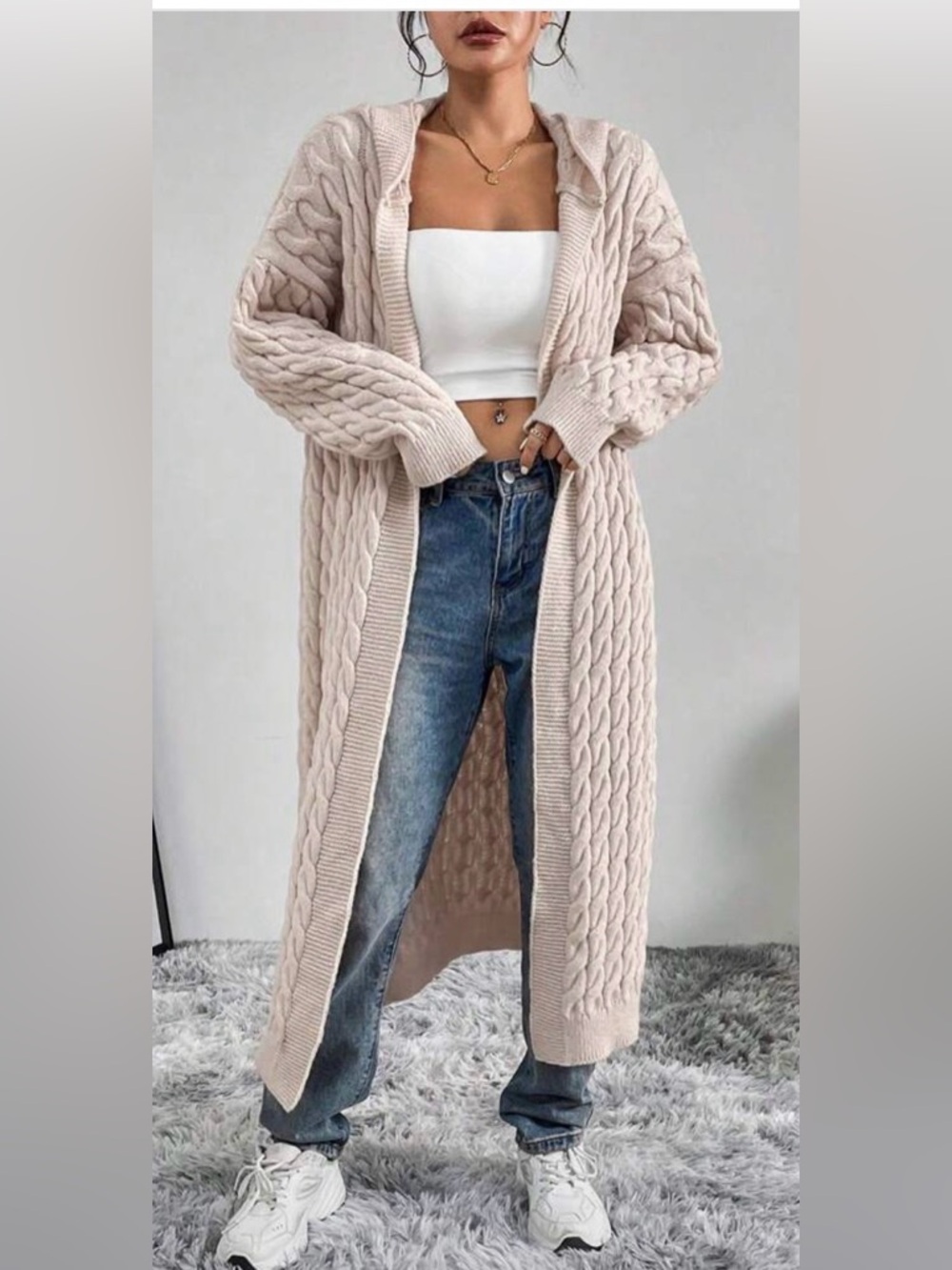 Source Unknown Long Cable-Knit Cardigan - Cream/ Oversized - Picture 2 of 7